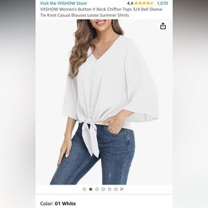 VIISHOW Women's Button V Neck Chiffon Tops 3/4 Bell Sleeve Tie Knot Blouse